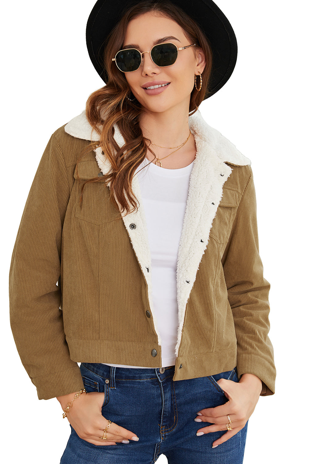 Khaki cord sherpa jacke mit druckknopfverschluss