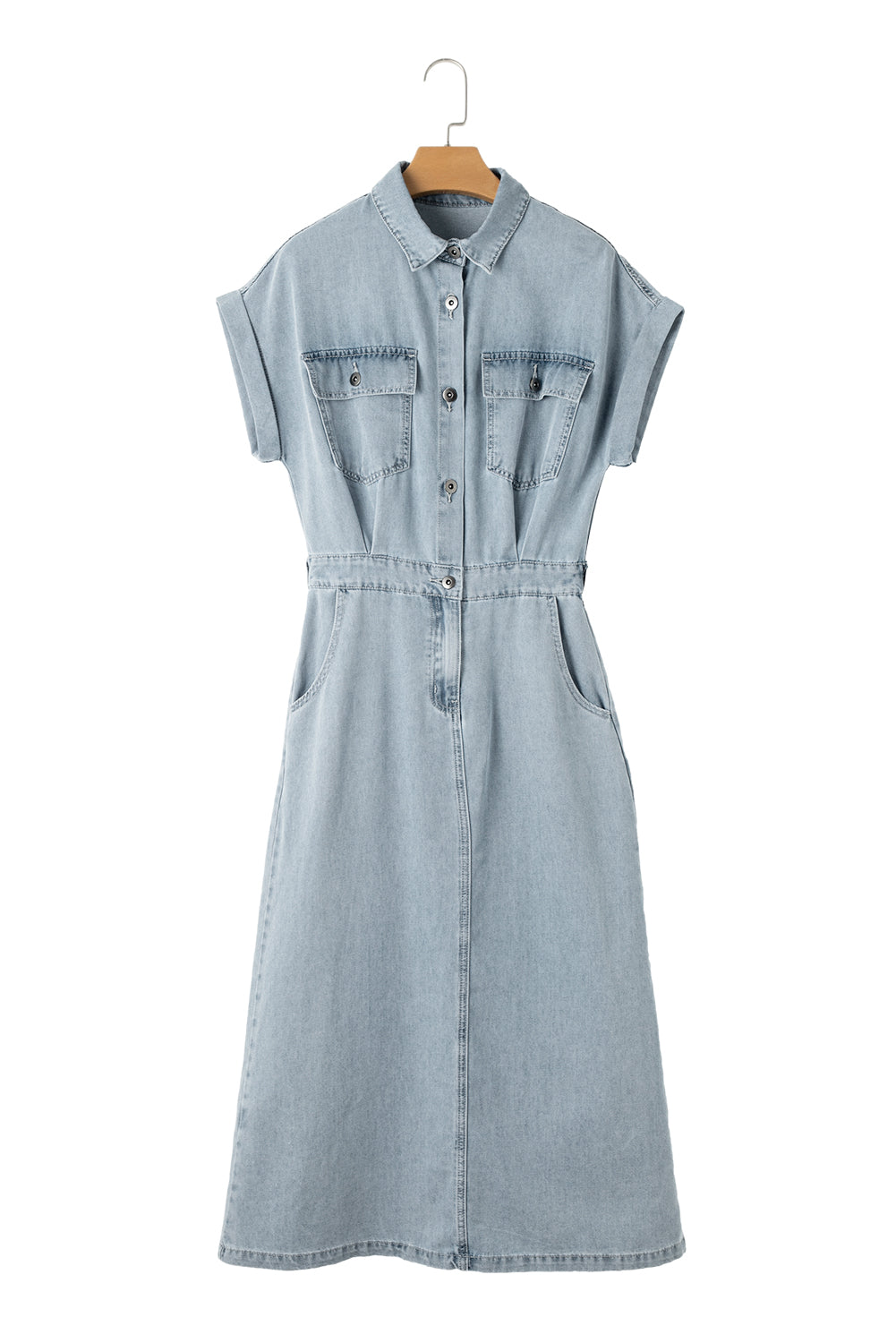 Beau blau kurzes fledermausärmel-denimkleid mit schlitz