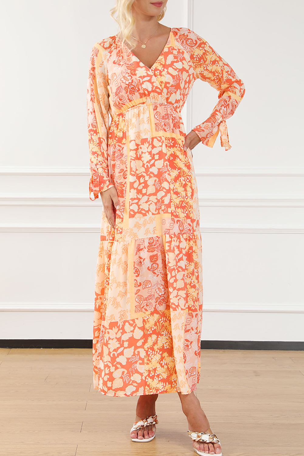 Orange boho floral wrap v neck tie langarmkleid