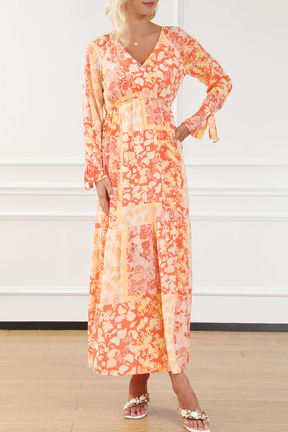 Orange boho floral wrap v neck tie langarmkleid