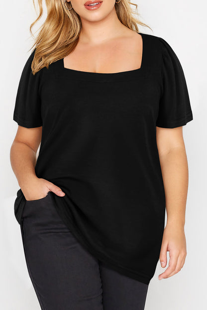 Schwarzes plus size quadratischer hals geraffte schulter kurzarm top