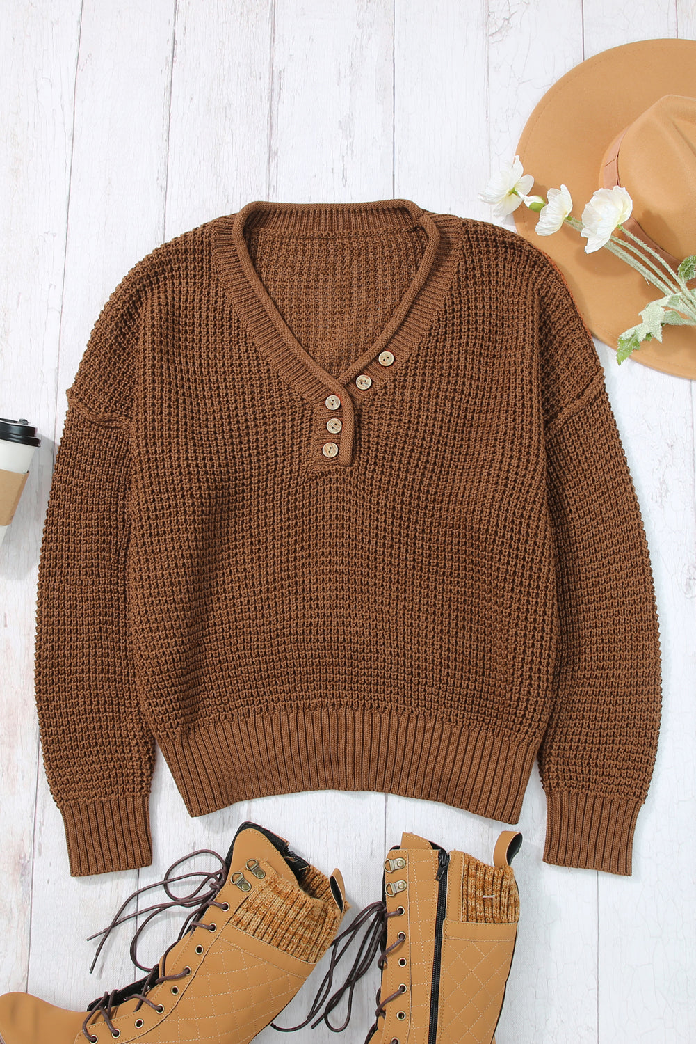 Kaffee pointelle strickpullover mit v-ausschnitt und tropfenschulter