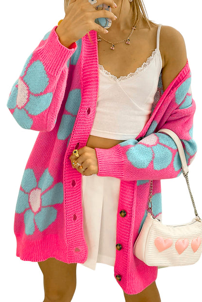 Erdbeere rosa blumendruck knopfleiste strickjacke