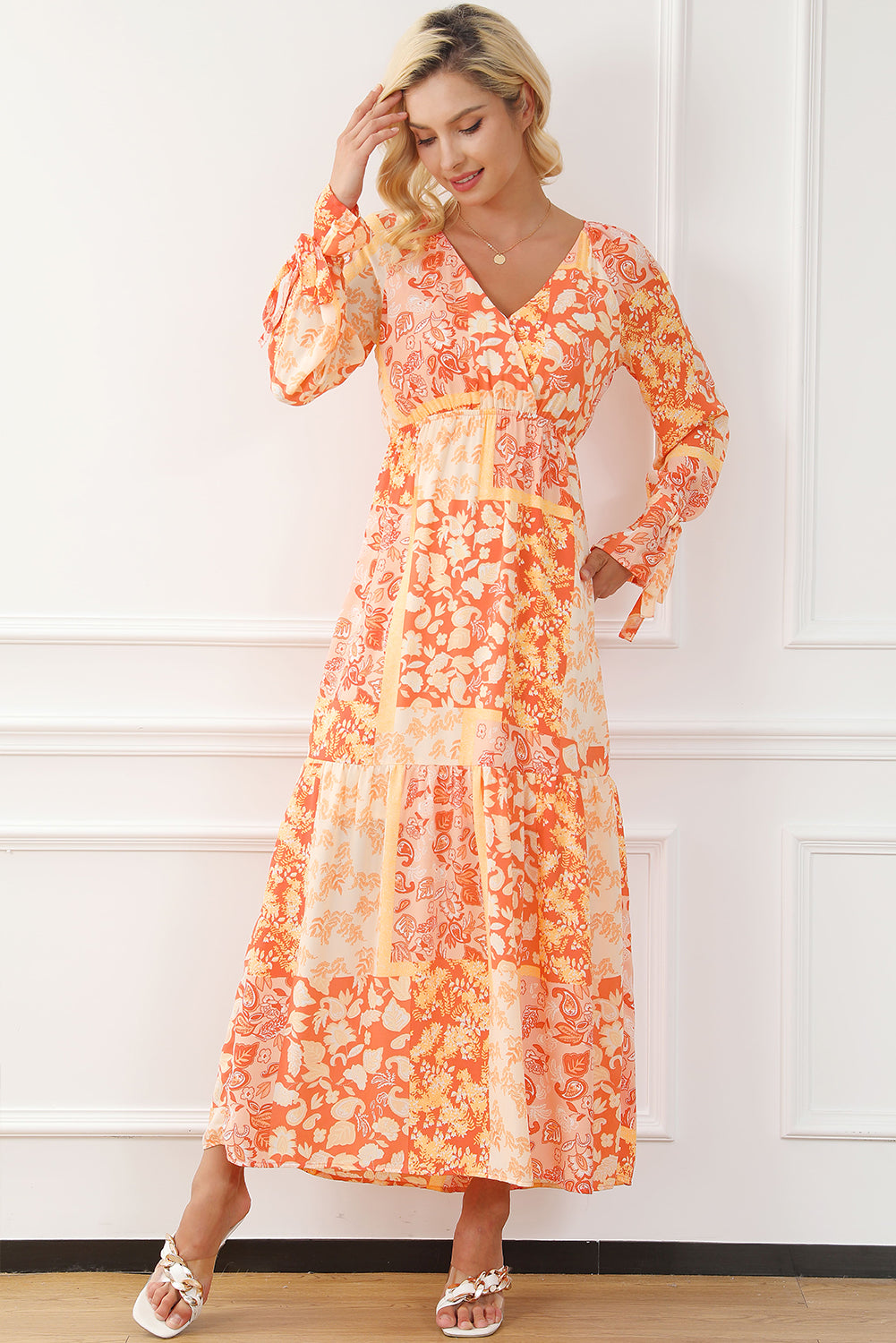 Orange boho floral wrap v neck tie langarmkleid