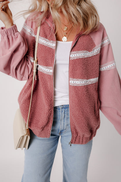 Rosa Sherpa Patchwork Point Elastic Cuffers Zip Up Jacket