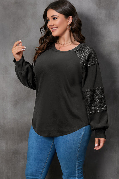 Schwarzes plus size pailletten patchwork rundhalsausschnitt langarm top