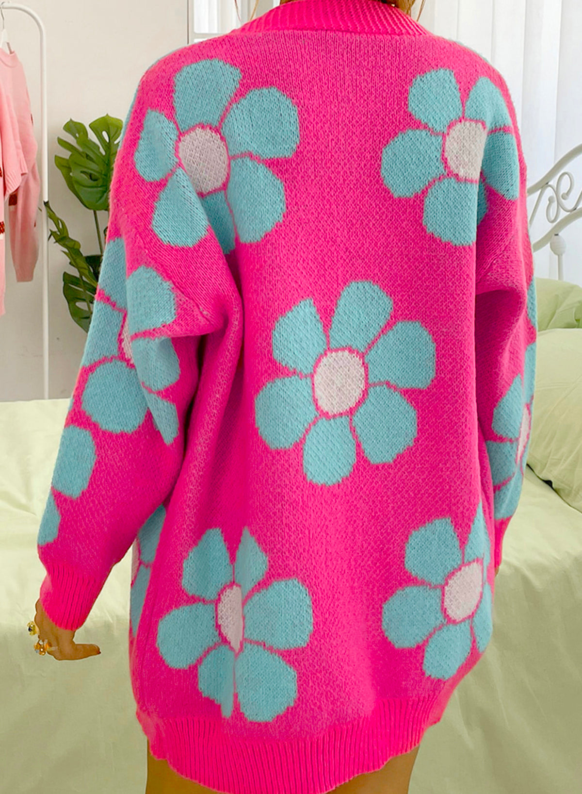 Erdbeere rosa blumendruck knopfleiste strickjacke