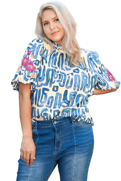 Himmelblaue streifen plus größe abstrakt druck floral bestickt puffärmel bluse