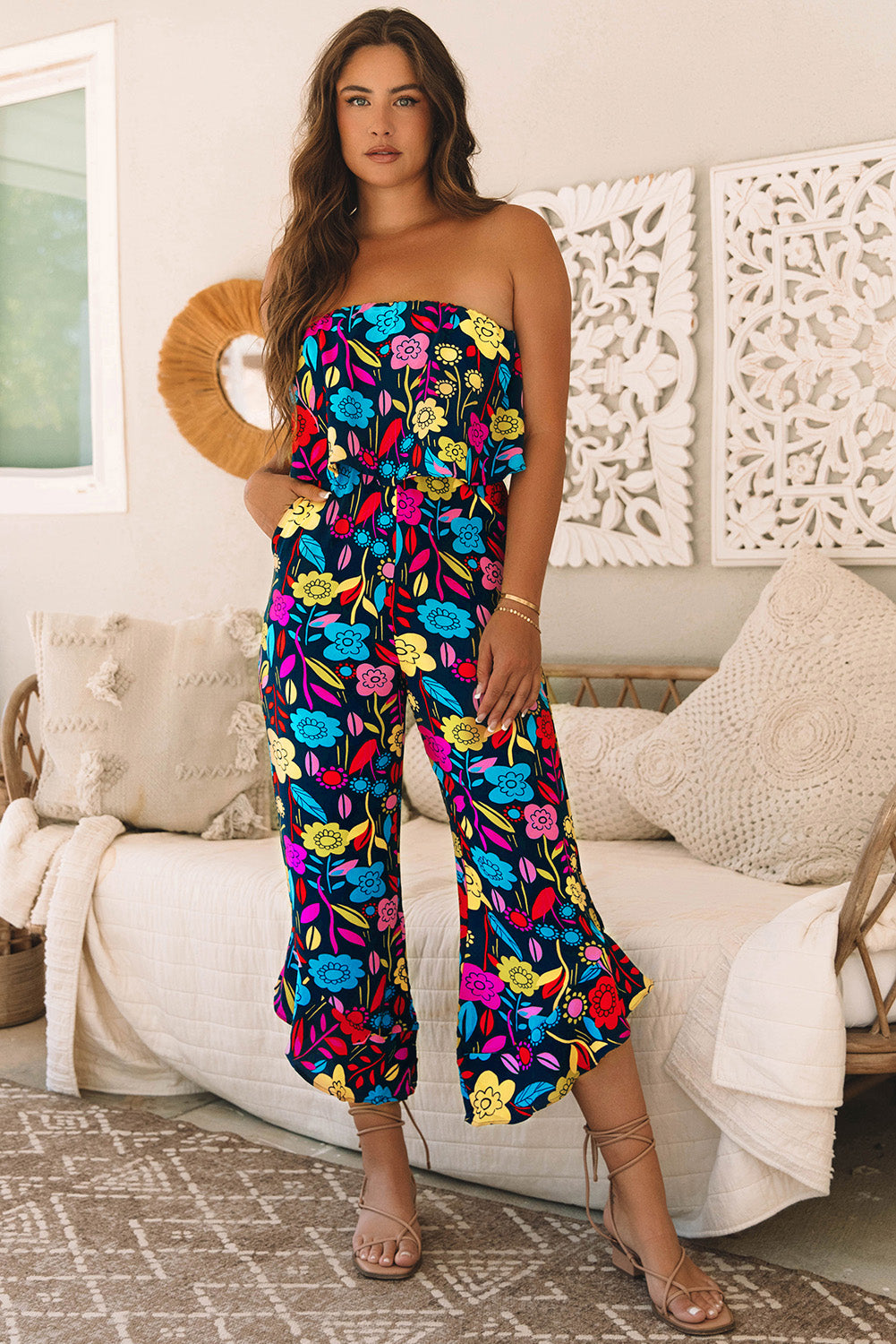 Red Mix Tropical Print Service verwezen jumpsuit