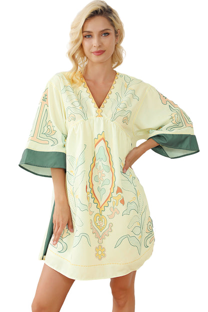 Mehrfarbiges boho print v-ausschnitt empire-taille kurzes kimono-kleid