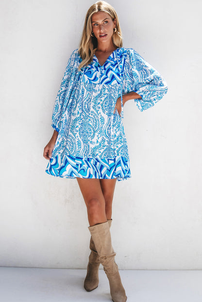 Himmelblau Boheemse print Puff Sleeve Tied V Neck uitlopende mini -jurk