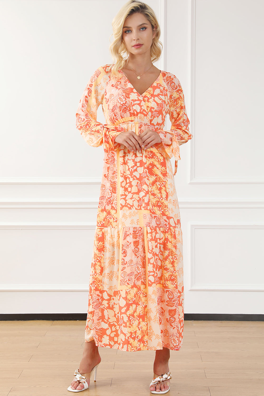 Orange boho floral wrap v neck tie langarmkleid