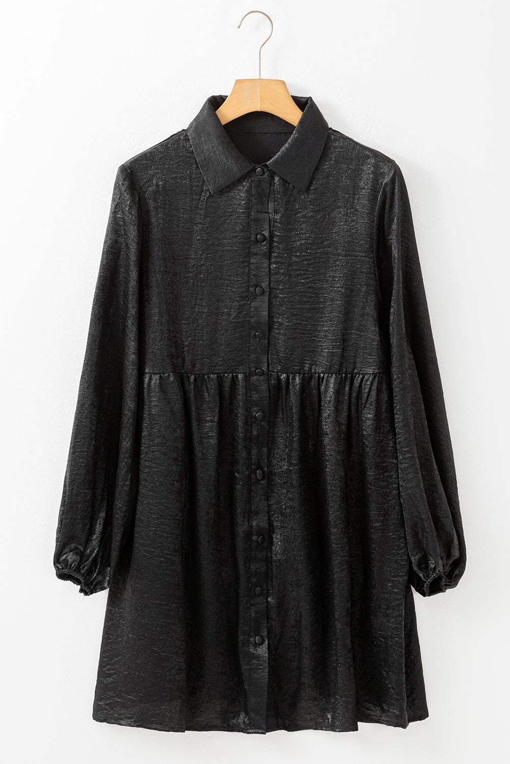 Zwarte metallic Gloss Puff Sleeve Button Up Mini Shirt Dress