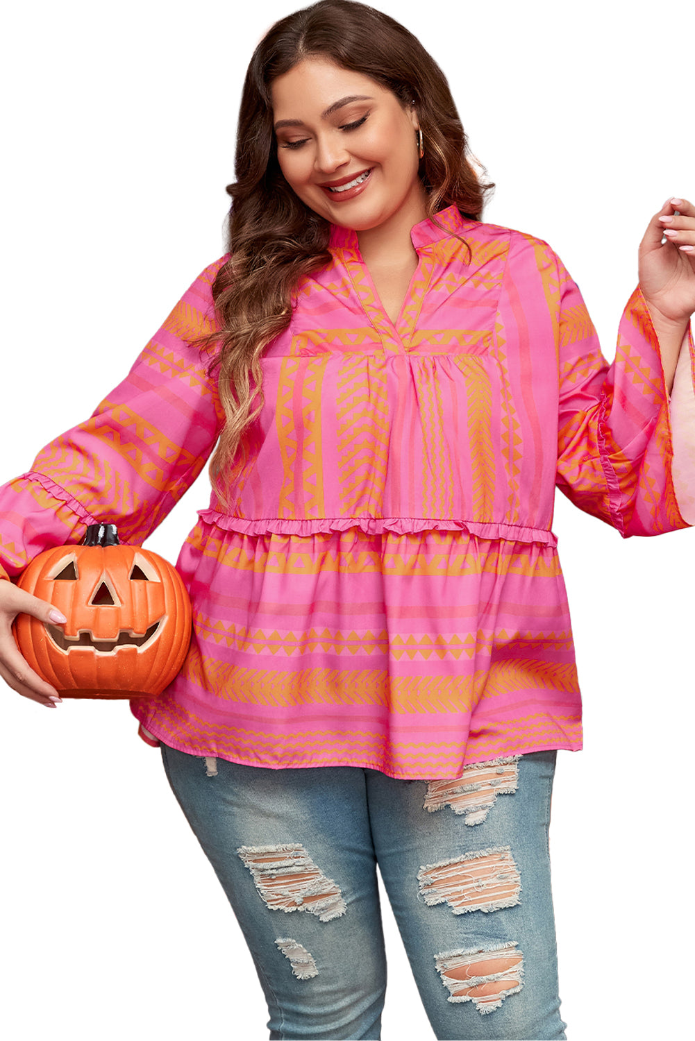 Vitality orange plus size geometrisch bestickt glocke ärmel babydoll bluse