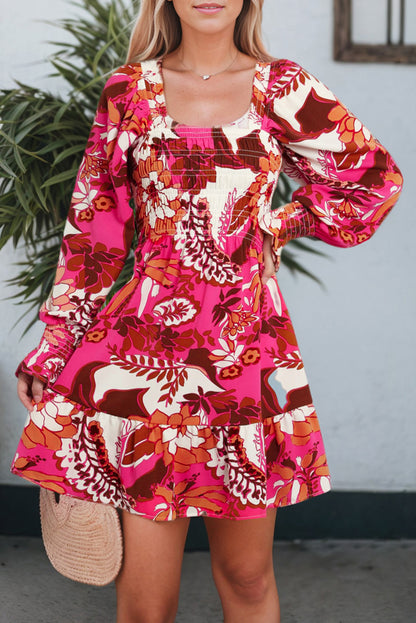 Rose floral print smocked square neck bubble sleeve kleid