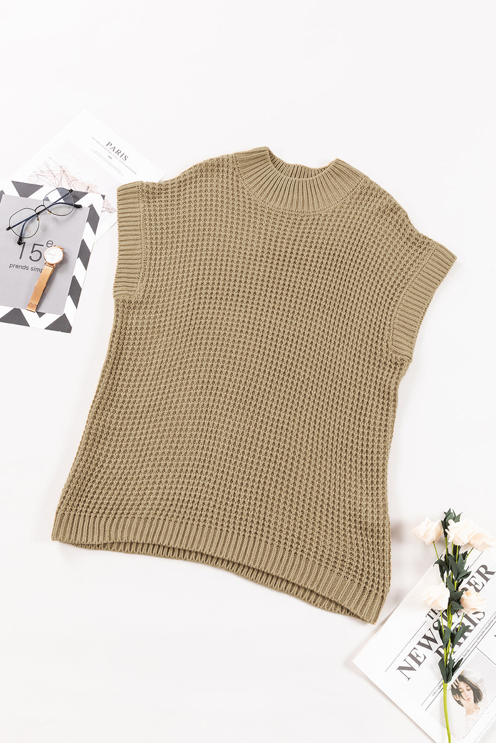 Helles french beige hoher hals kurzer batwing ärmel strukturierter strickpullover