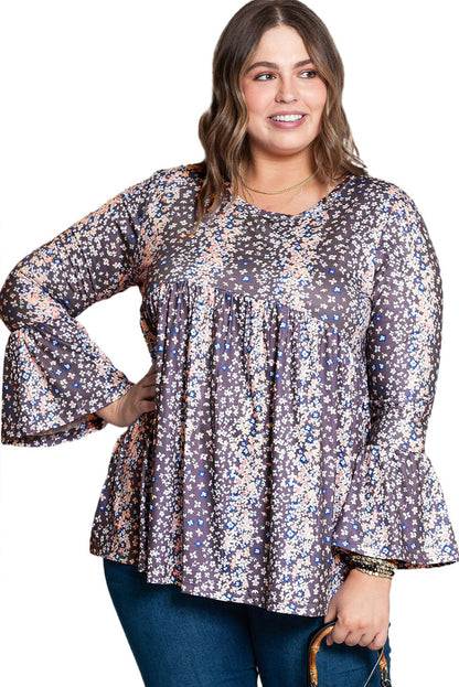 Lila blumendruck rundhalsausschnitt plus size babydoll bluse