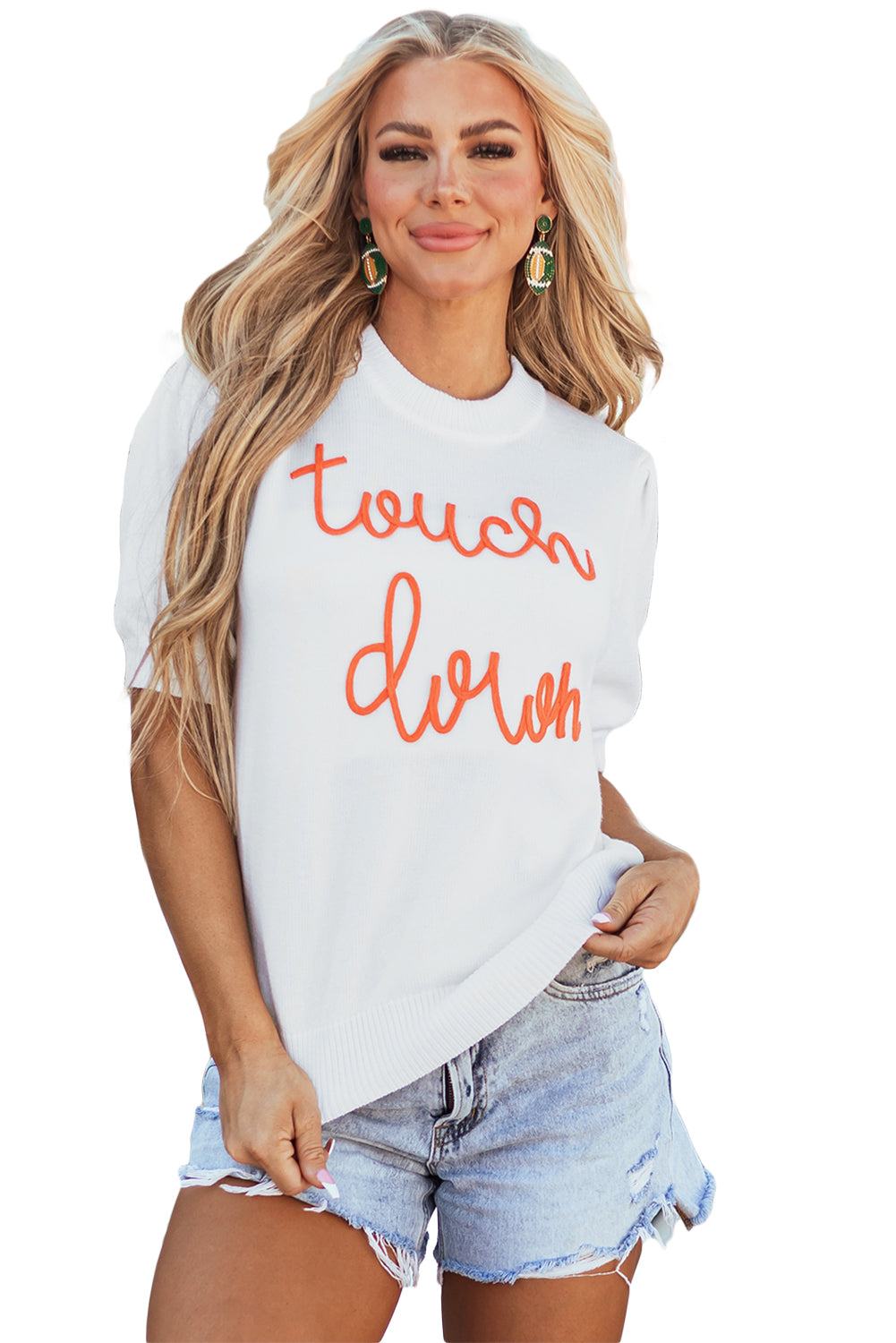 Weißer touchdown tinsel puff short sleeve rundhalsausschnitt pullover