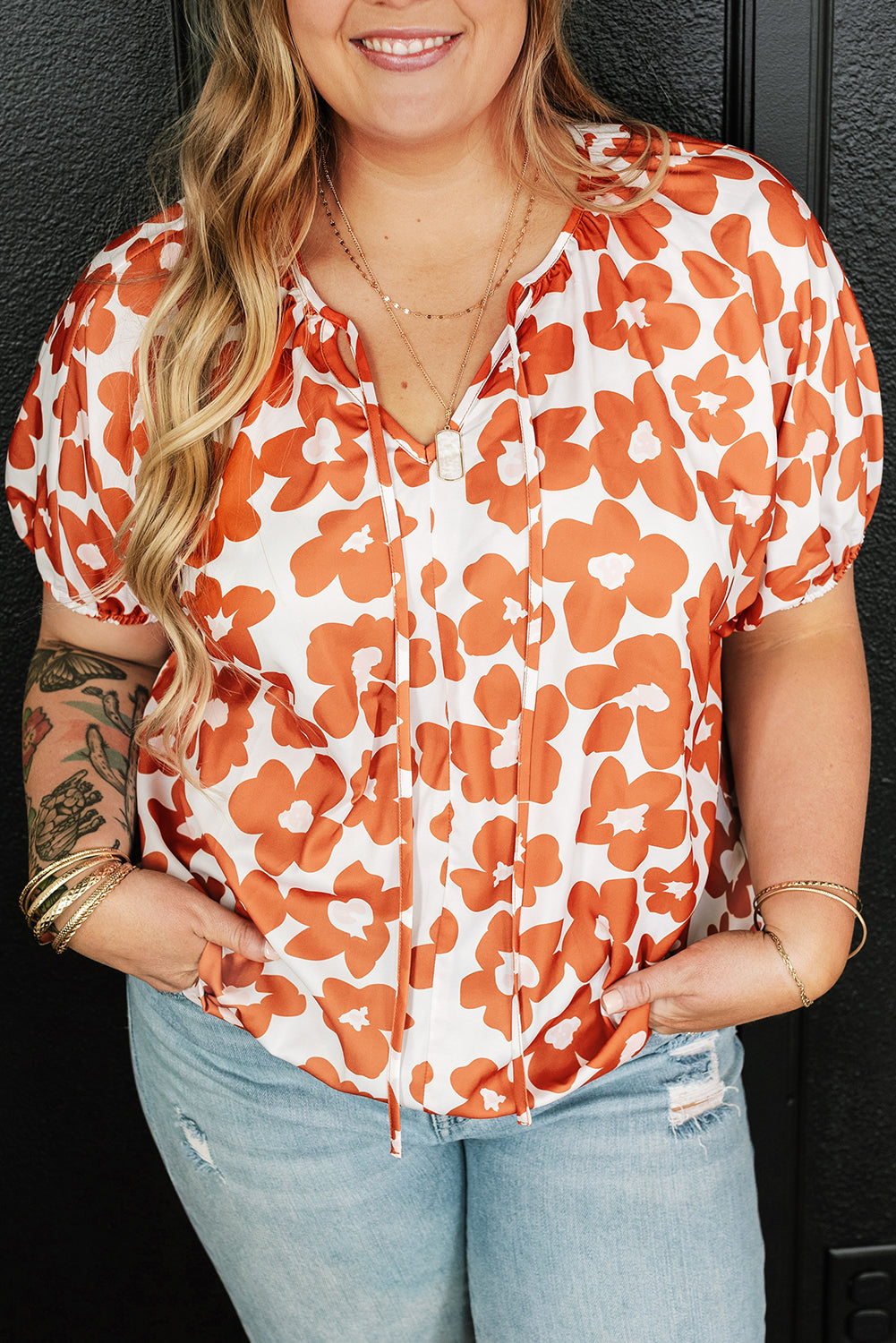 Orange plus größe floral print drawstring v hals kurzarm bluse