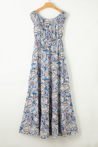 Blue Boho Paisley Print Schouder -Vrije maxi -jurk