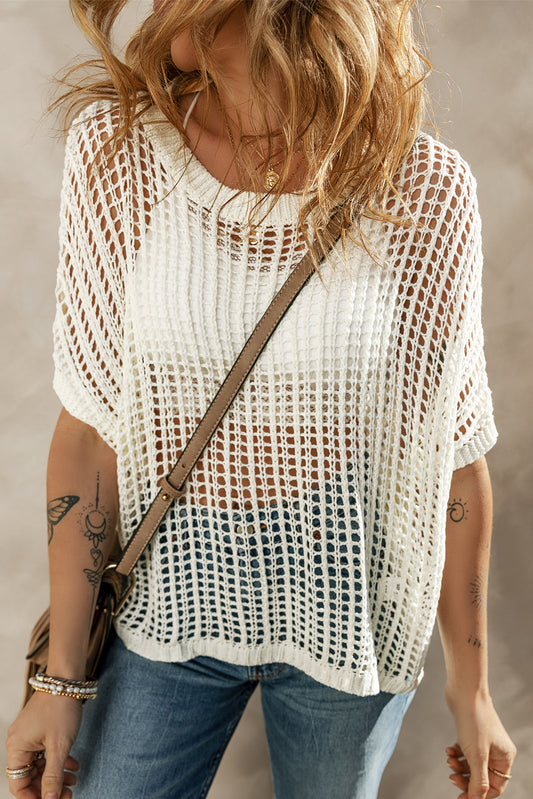 Whit fishnet knit ribbed runde hals kurzarm pullover tee