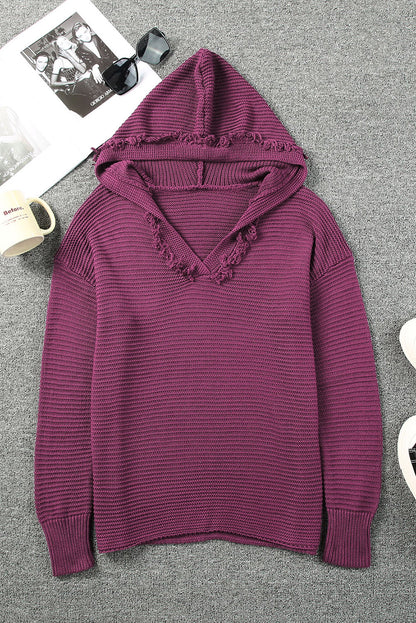 Hooded sweater met een v-hals en geribbelde schoudergebied