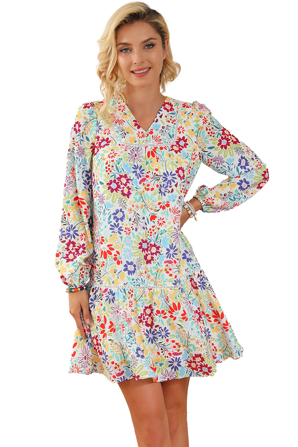 Meerkleurige bloemen kanten eyelet v-neck mini-jurk