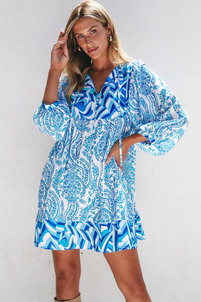 Himmelblau Boheemse print Puff Sleeve Tied V Neck uitlopende mini -jurk