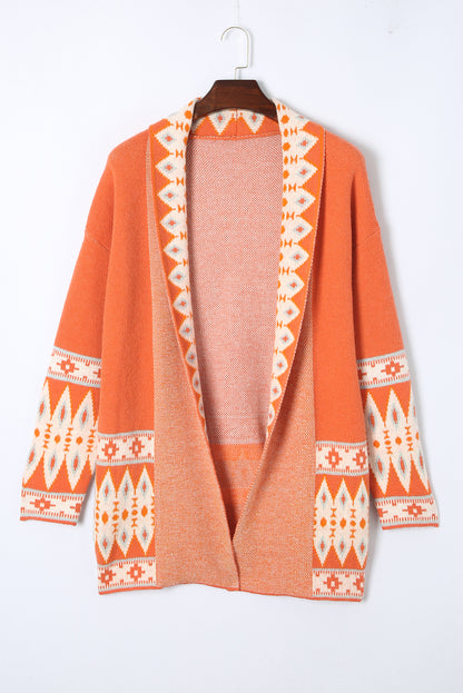 Orange bedruckte azteken-strickjacke mit offener vorderseite