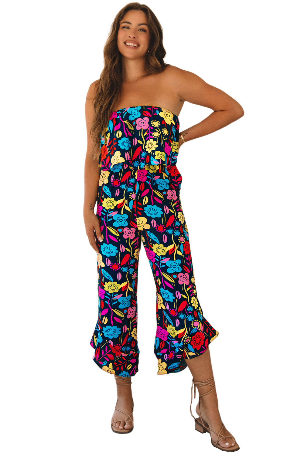 Red Mix Tropical Print Service verwezen jumpsuit