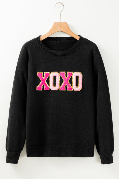 Schwarzer xoxo glitter print rundhalsausschnitt casual pullover