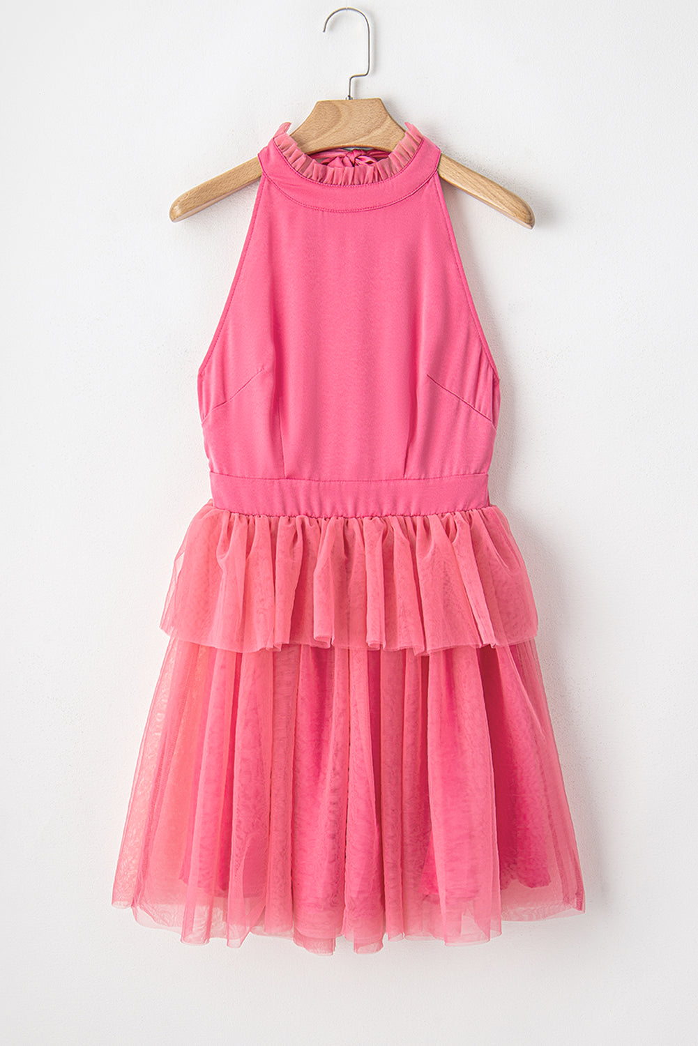 Strawberry pink gauze ruffle tiered knotted halter kleid