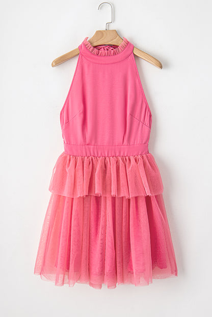 Strawberry pink gauze ruffle tiered knotted halter kleid