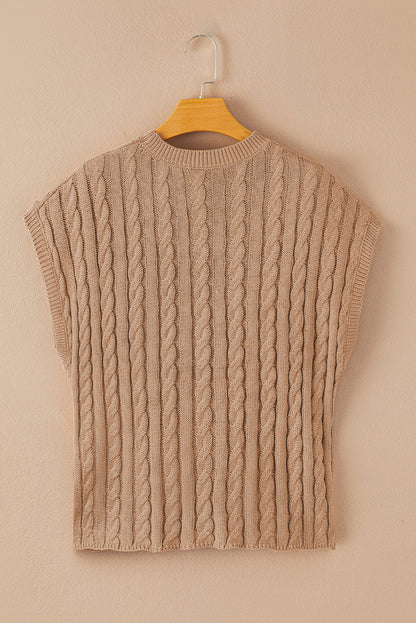 Light french beige rundhalsausschnitt kabelstrickpullover mit kurzen ärmeln