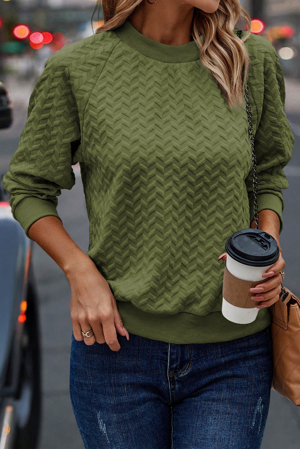 Jungle Green Solid Structured Raglan Sleeve Sweater Sweatshirt