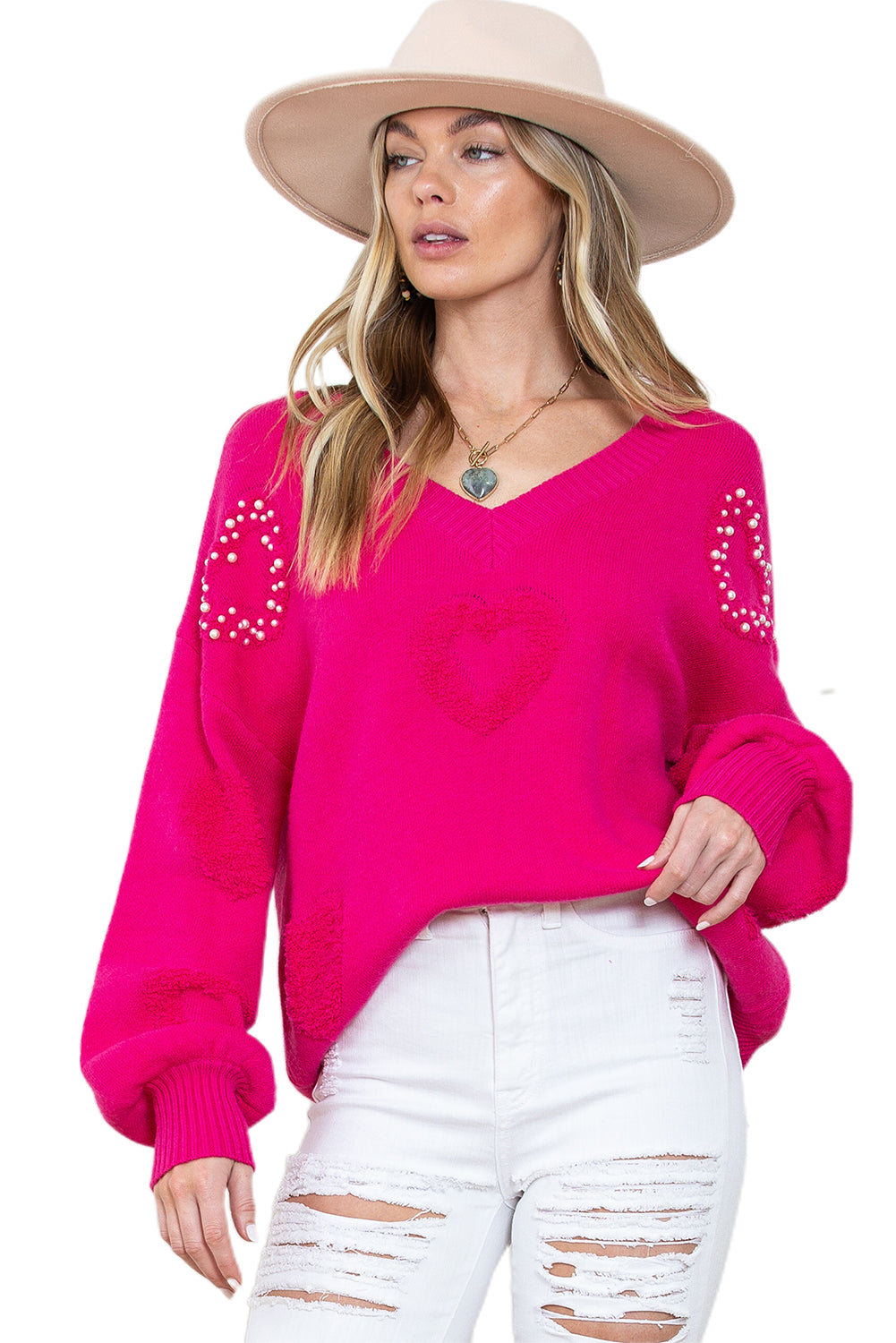 Rose Red, Pearl Decorated Sweater met een V-Neck en Fluffy Heart