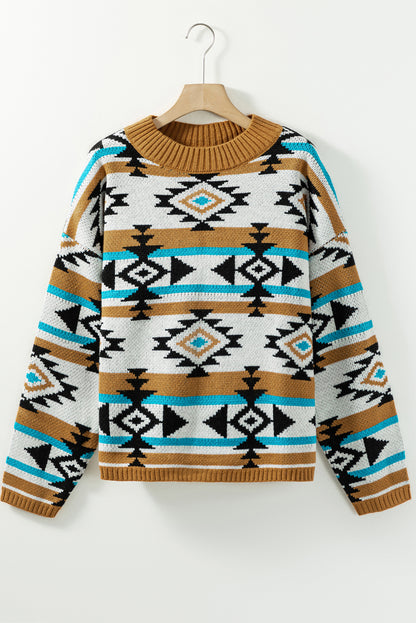 Brauner aztekisch gestreifter strickpullover mit rippstrickbesatz