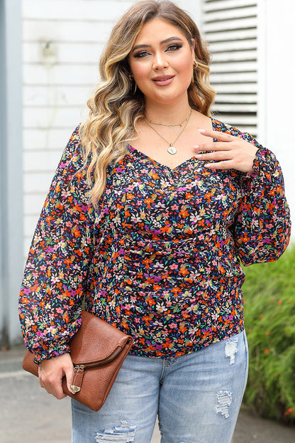 Schwarze plus size v-ausschnitt bubble sleeve floral bluse