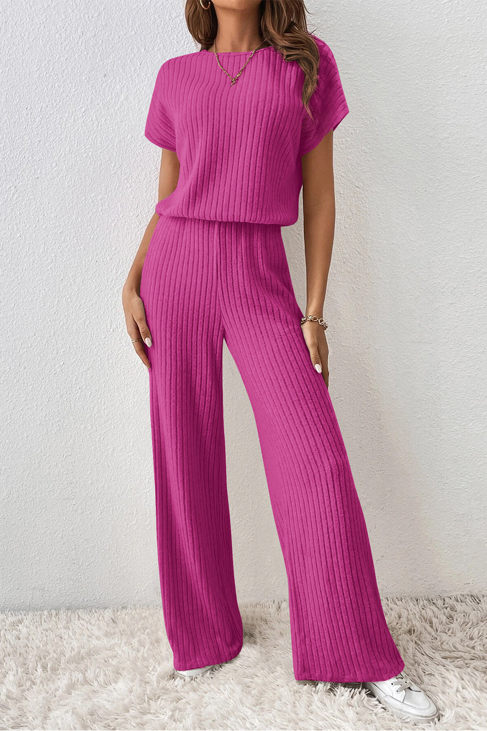 Roze rood vol -tone kleurribben kort -zoves wide been jumpsuit