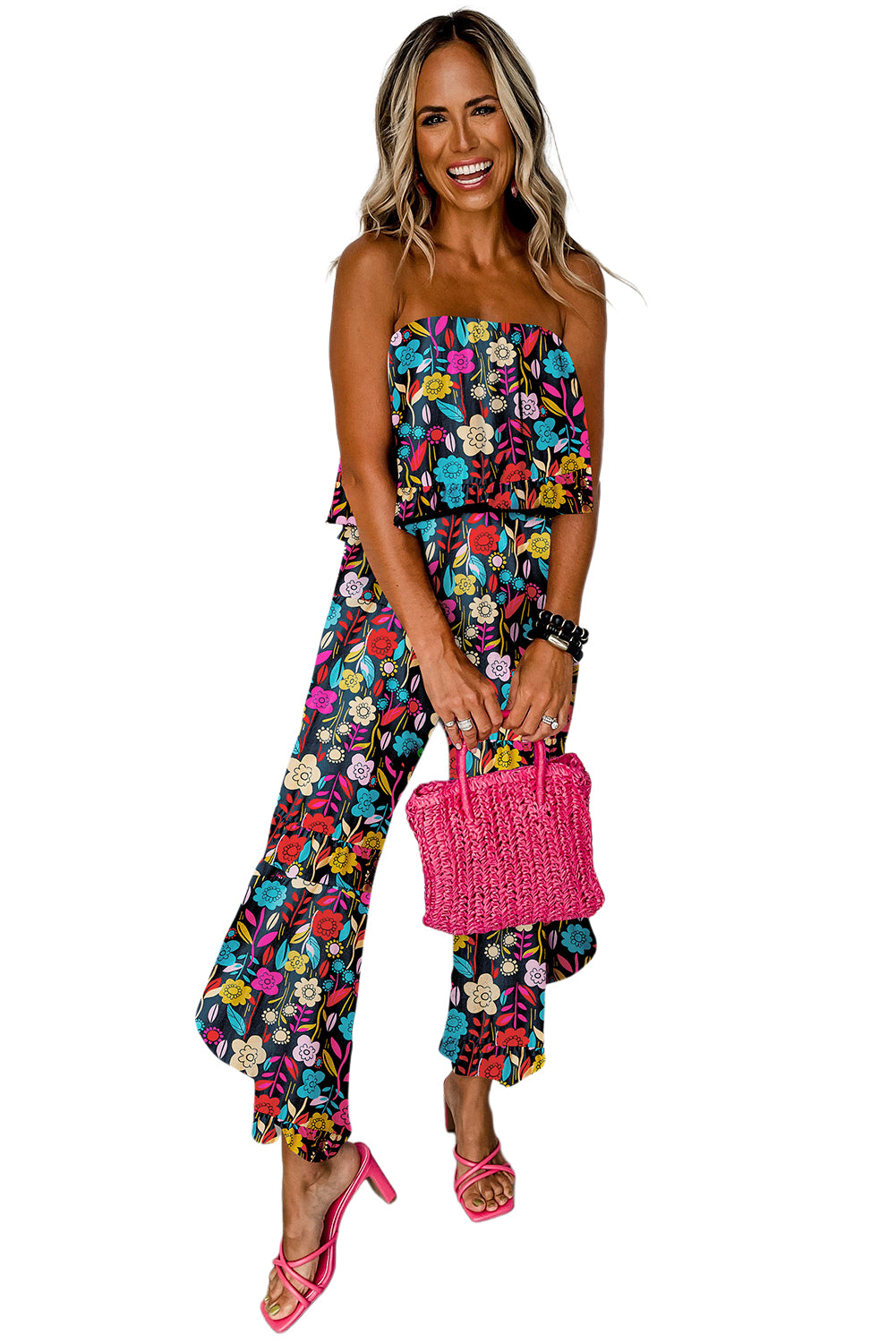 Red Mix Tropical Print Service verwezen jumpsuit