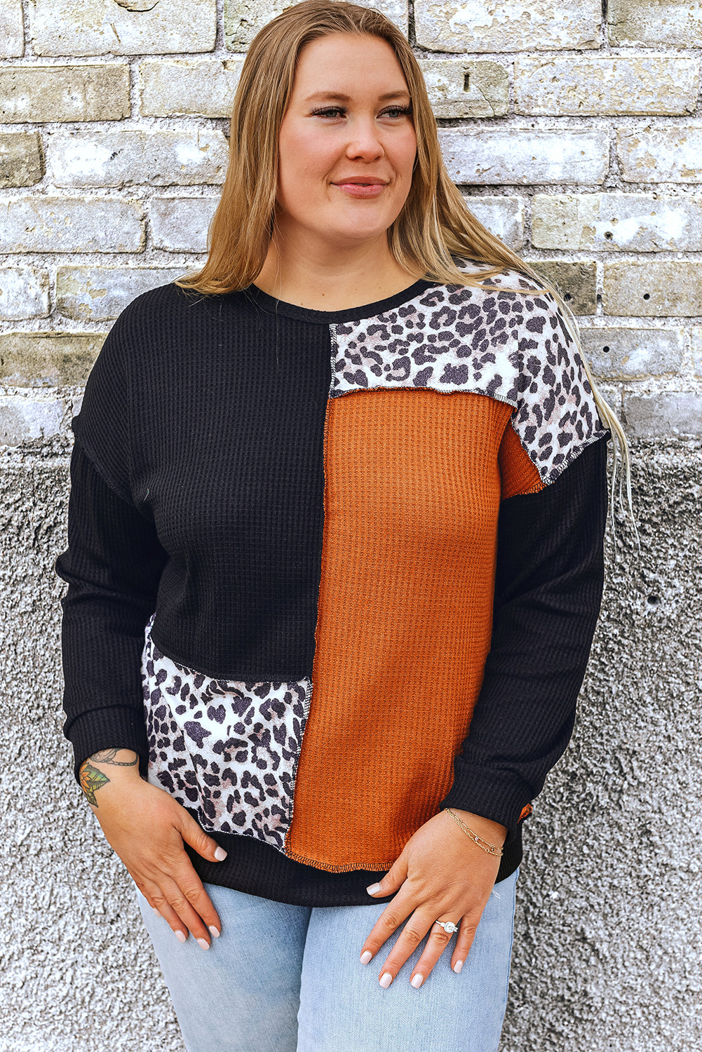 Schwarz orange colorblock leopard patchwork waffel stricken plus größe top