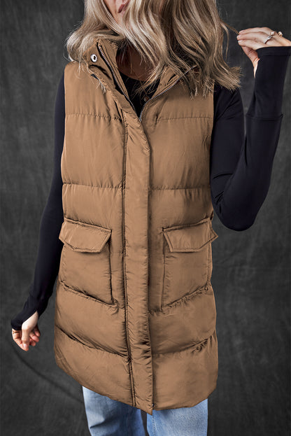 Coffee windproof longline full zipper puffer vest mit taschen