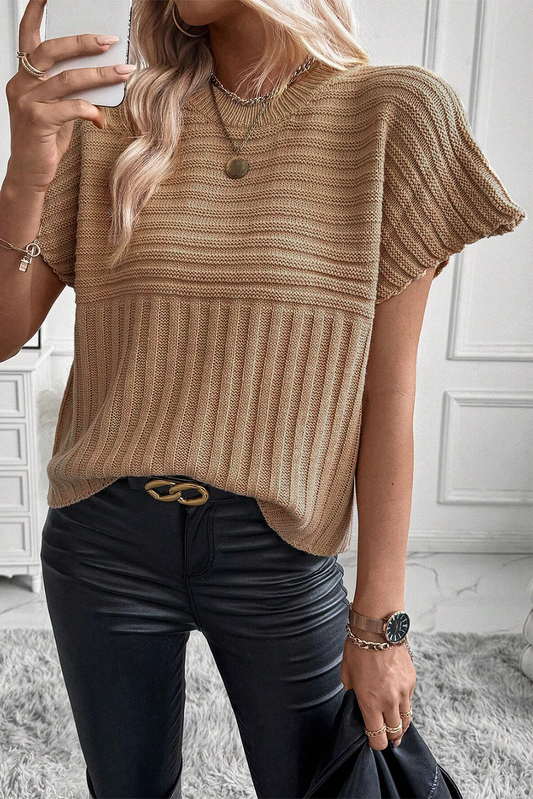 Lichte Franse beige beige rib gebreide trui met brede mouwen t -shirt