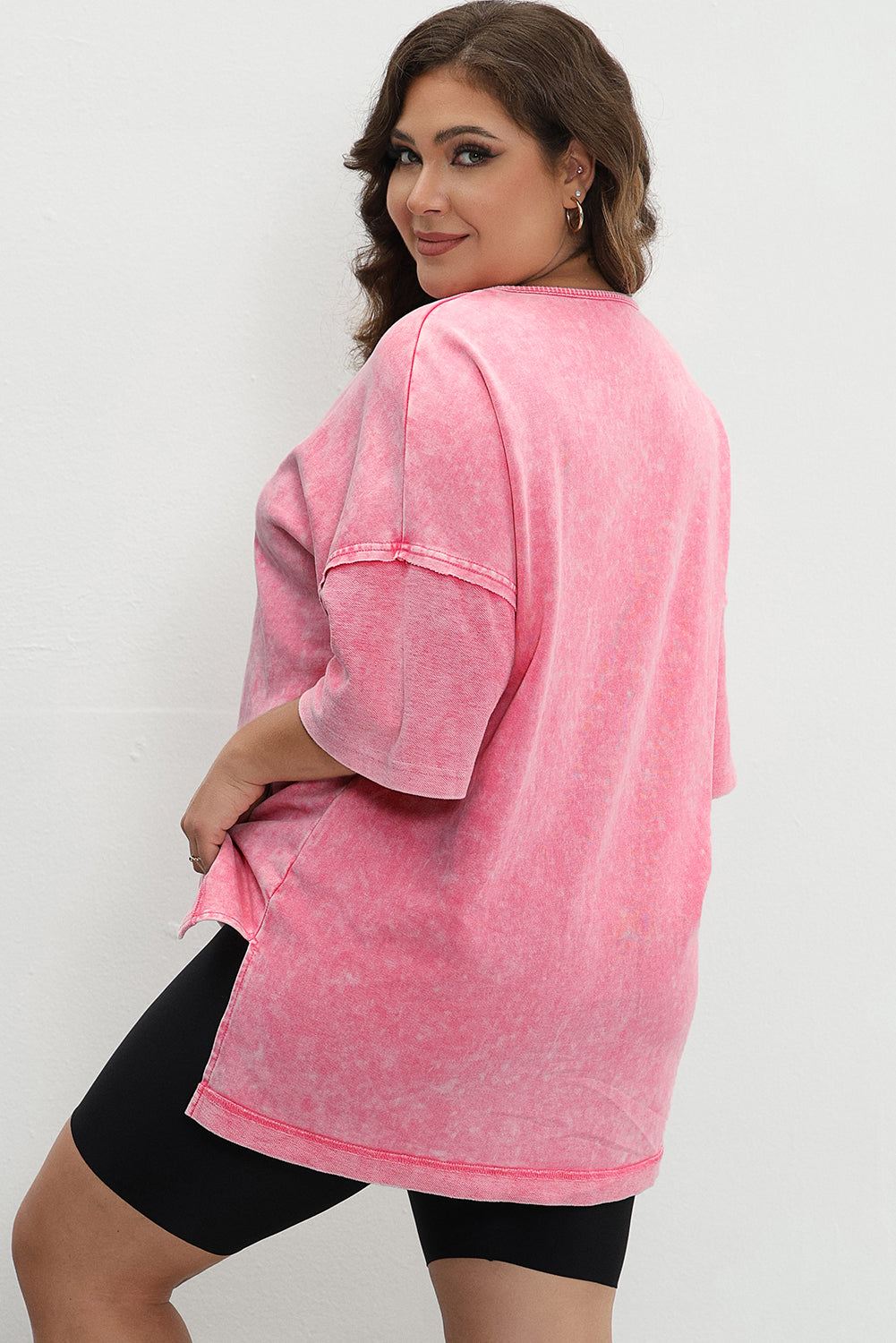 Erdbeerrosa mineral wash drop sleeve patchwork plus tee