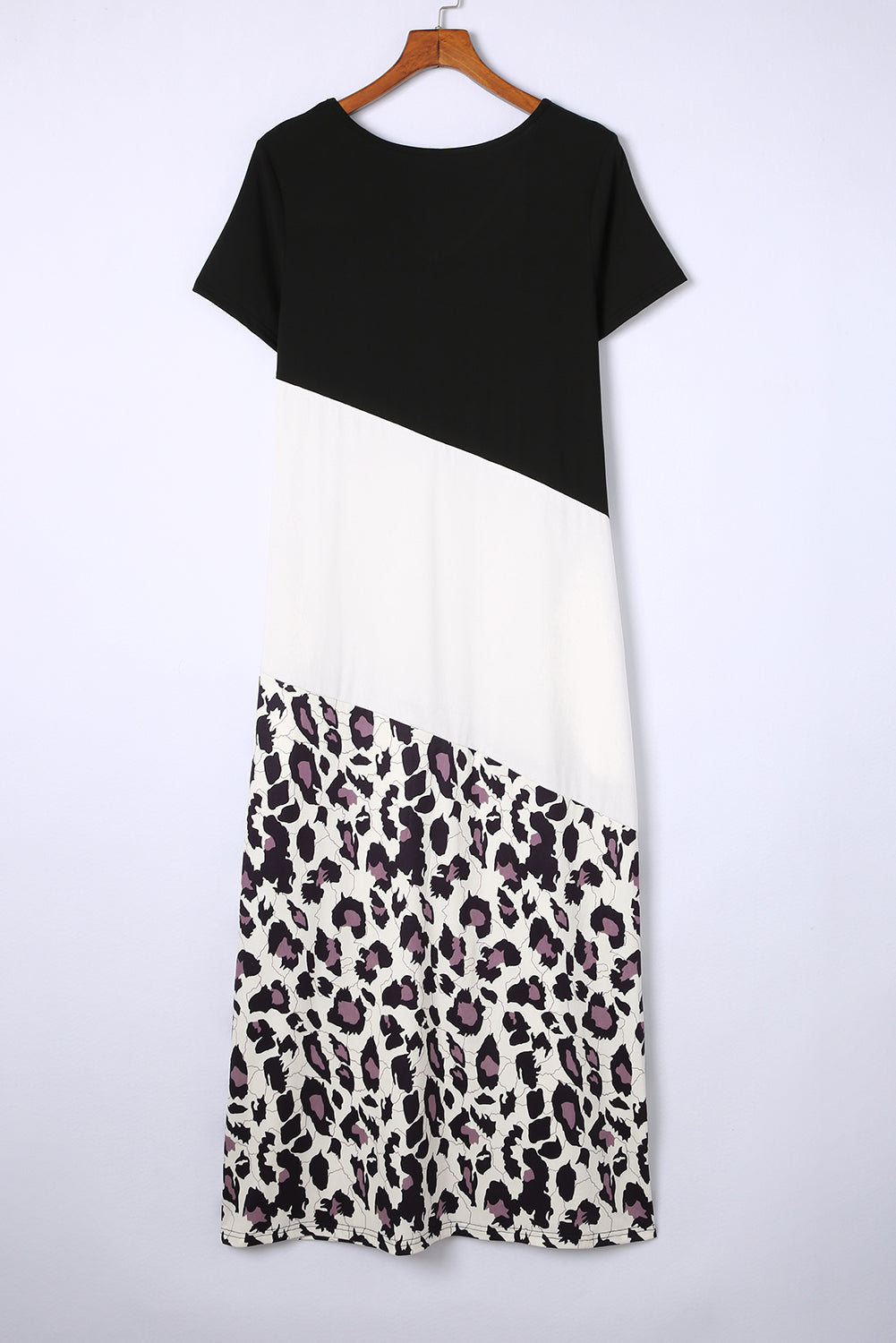 Schwarzer leopard farbe block seite schlitz t shirt maxi kleid