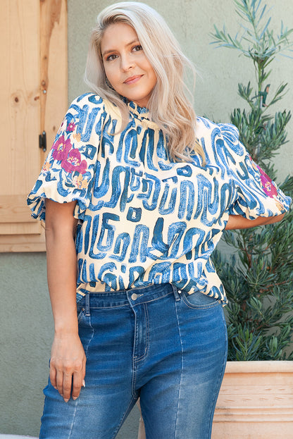 Himmelblaue streifen plus größe abstrakt druck floral bestickt puffärmel bluse