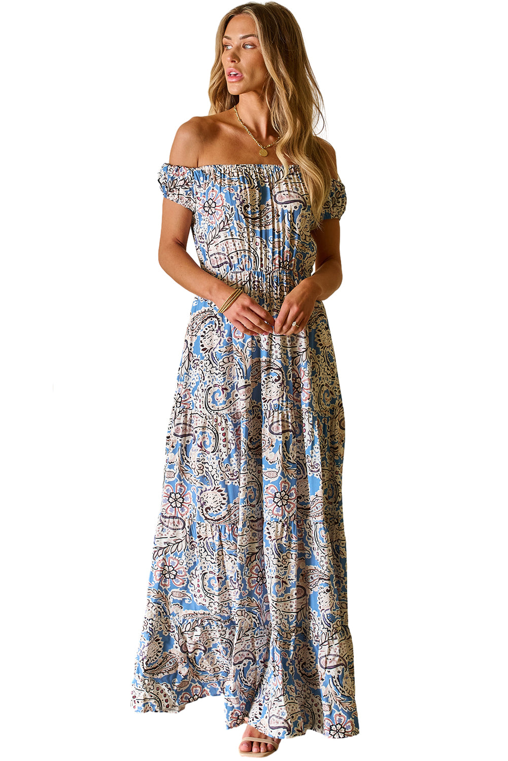 Blue Boho Paisley Print Schouder -Vrije maxi -jurk