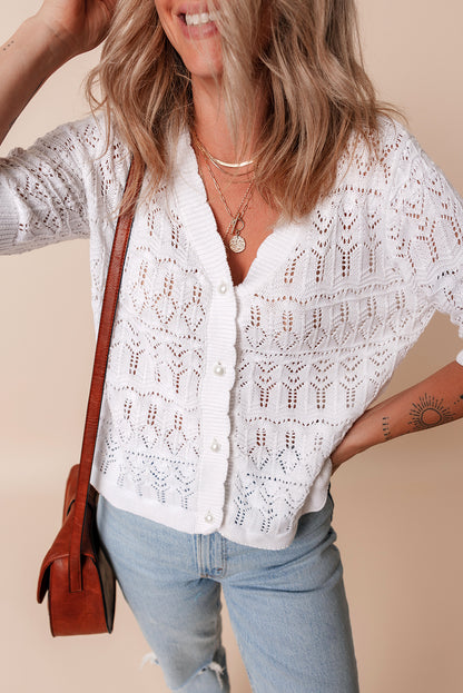 White Frenchy Hollow Out Strickcardigan met V-Neckline