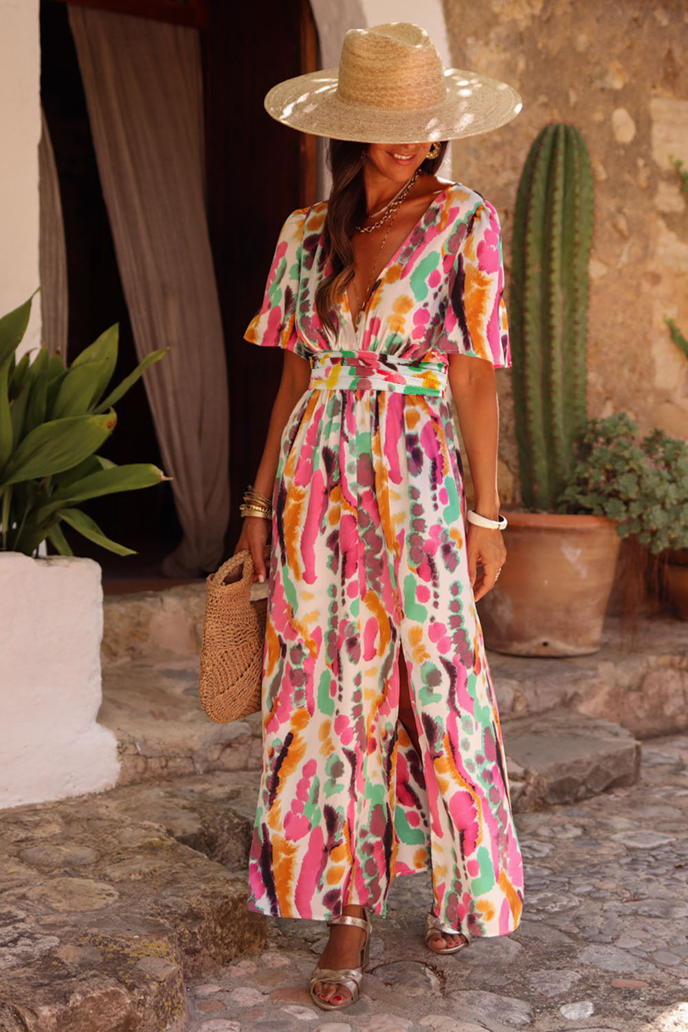 Rosa Boho Tie Maxic-jurk met een V-neckline