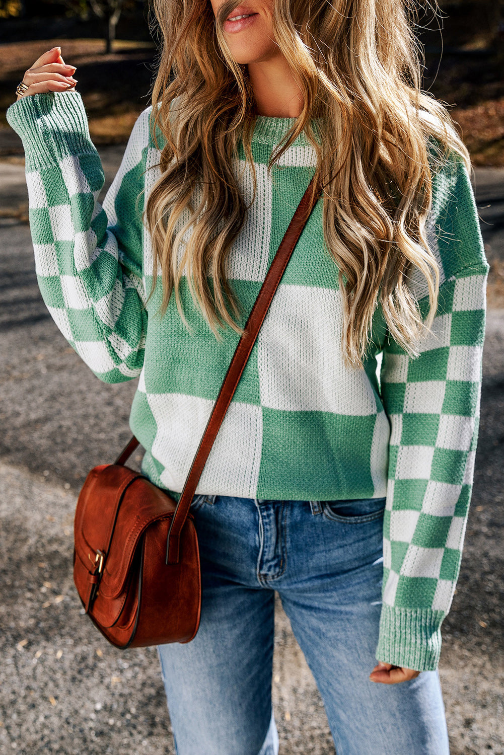 Mint Green Sweater met een stijlen en schoudertassen